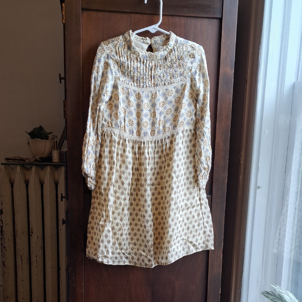 Zara Girls Size 7 Blue W Ivory Floral Boho Praire Long Sleeve Dress